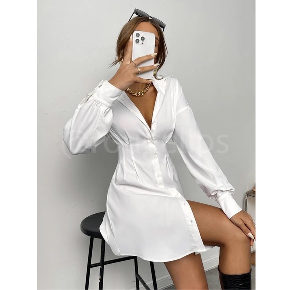 White Fitted Waist Drop Shoulder Buttoned Down Shirt Dress Long Sleeve - Picture 5 of 7